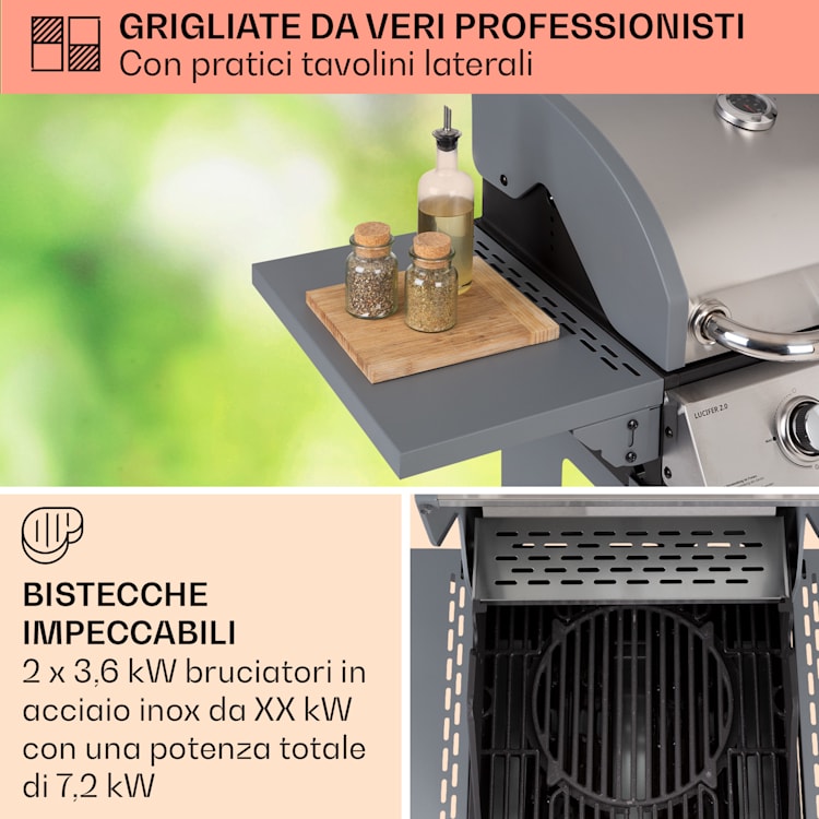 Lucifer 2 - Griglia a gas, 2 bruciatori da 3,6 kW, griglia da 45 x 45 cm, acciaio inox, mobile