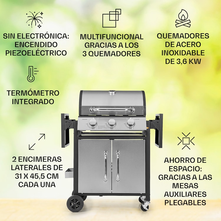 Barbacoa de gas Tomahawk 3 x 3,6 kW quemador 60 x 43,5 cm acero inoxidable 3 fogones