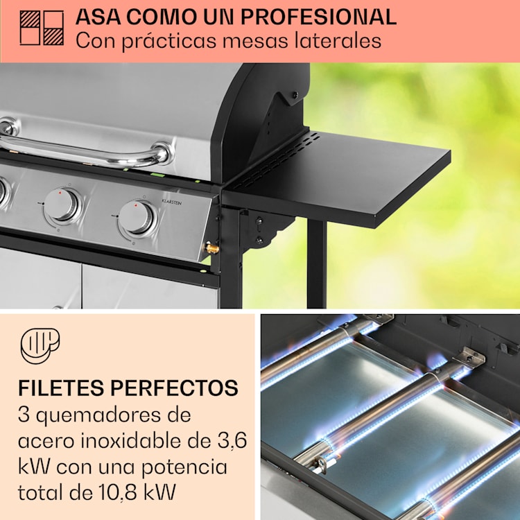 Barbacoa de gas Tomahawk 3 x 3,6 kW quemador 60 x 43,5 cm acero inoxidable 3 fogones