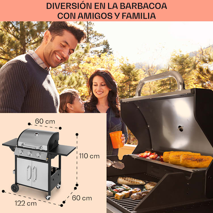 Barbacoa de gas Tomahawk 3 x 3,6 kW quemador 60 x 43,5 cm acero inoxidable 3 fogones