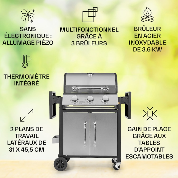Tomahawk Barbecue à gaz 3 x brûleurs de 3,6 kW barbecue 60 x 43,5 cm inox 3 brûleurs