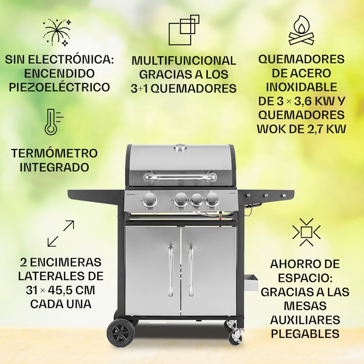 Barbacoa de gas Tomahawk 3.1 S 3 x 3,6 kW quemador lateral + 2,7 kW Barbacoa 60 x 45 cm acero inoxidable 3 quemadores principales + 1 quemador lateral