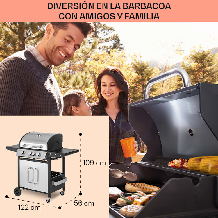 Barbacoa de gas Tomahawk 3.1 S 3 x 3,6 kW quemador lateral + 2,7 kW Barbacoa 60 x 45 cm acero inoxidable 3 quemadores principales + 1 quemador lateral