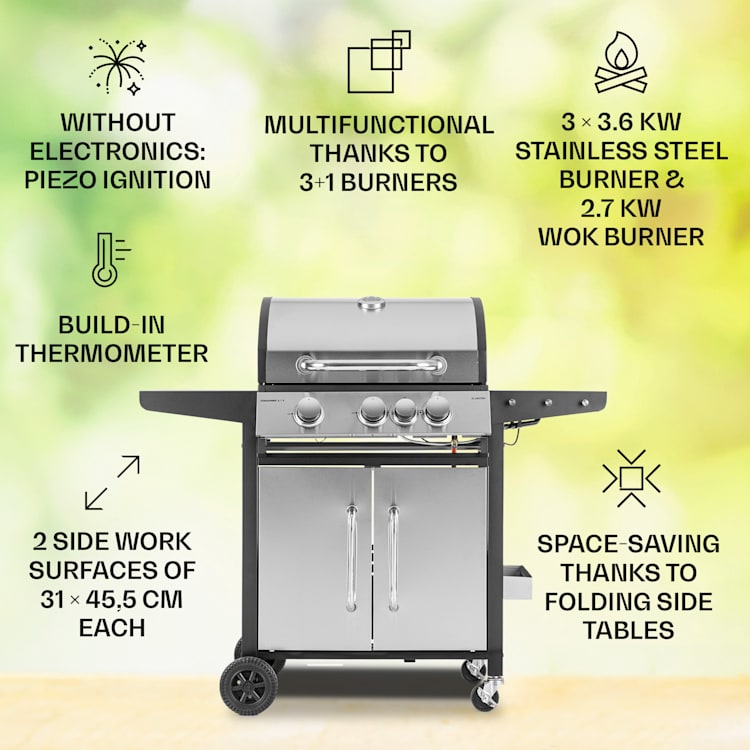 Tomahawk 3.1 S, газов грил, 3х3,6 kW горелка + 2,7 kW странична горелка, 60x45 см, грил, неръждаема стомана 3 главни котлона + 1 страничен котлон