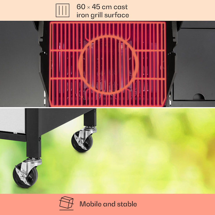 Tomahawk 3.1 S, газов грил, 3х3,6 kW горелка + 2,7 kW странична горелка, 60x45 см, грил, неръждаема стомана 3 главни котлона + 1 страничен котлон