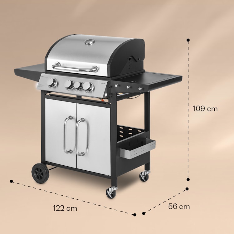 Barbacoa de gas Tomahawk 3.1 S 3 x 3,6 kW quemador lateral + 2,7 kW Barbacoa 60 x 45 cm acero inoxidable 3 quemadores principales + 1 quemador lateral