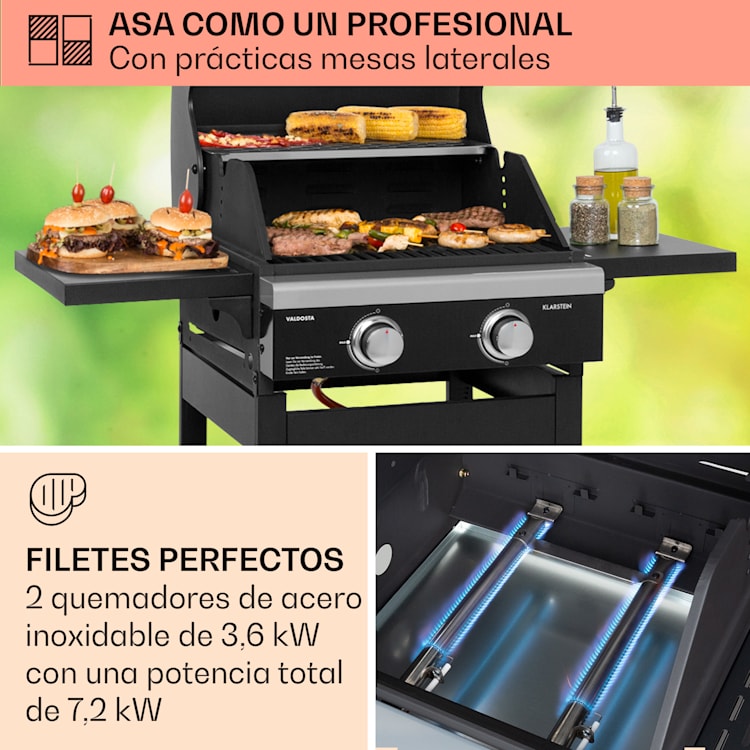 Barbacoa de gas Valdosta 2.0 2 x 3,6 kW quemador acero inoxidable móvil 2 fogones