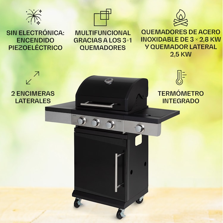 Barbacoa de gas Valdosta 3.1 3 x 2,8 kW + 2,5 kW quemador acero inoxidable móvil 3 quemadores principales + 1 quemador lateral