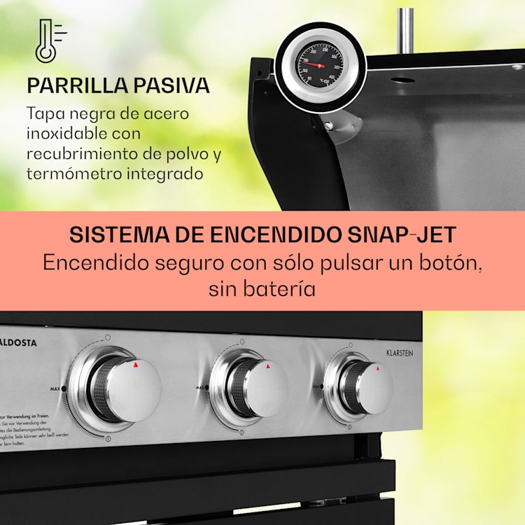 Barbacoa de gas Valdosta 3.1 3 x 2,8 kW + 2,5 kW quemador acero inoxidable móvil 3 quemadores principales + 1 quemador lateral