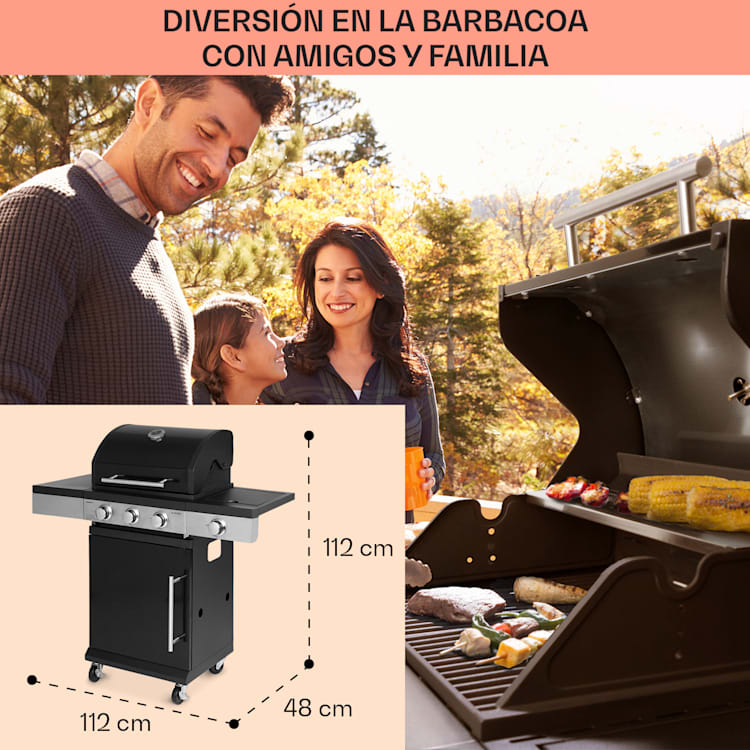 Barbacoa de gas Valdosta 3.1 3 x 2,8 kW + 2,5 kW quemador acero inoxidable móvil 3 quemadores principales + 1 quemador lateral