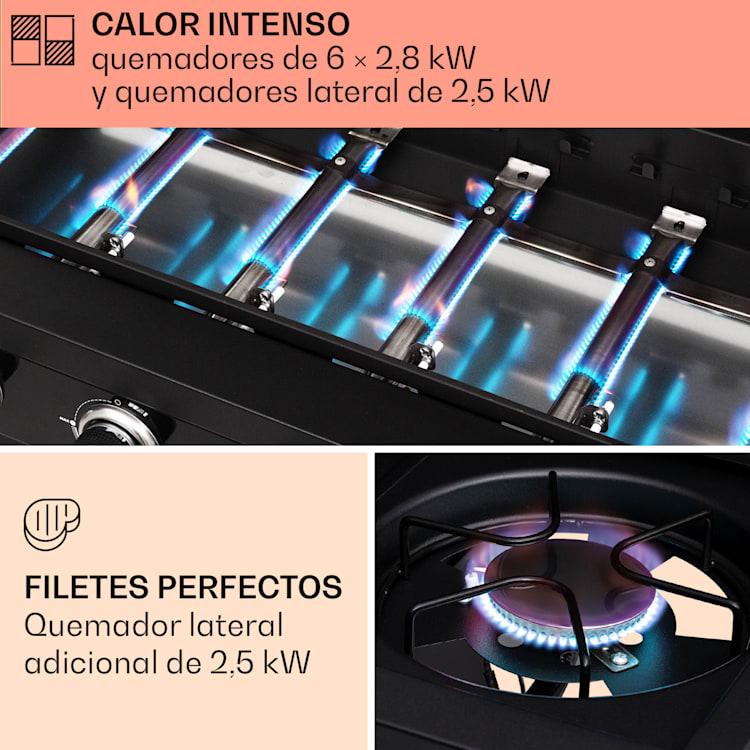 Valdosta 6.1 Parrilla de gas 6+1 quemadores 19,3 kW potencia total 6 quemadores principales + 1 quemador lateral