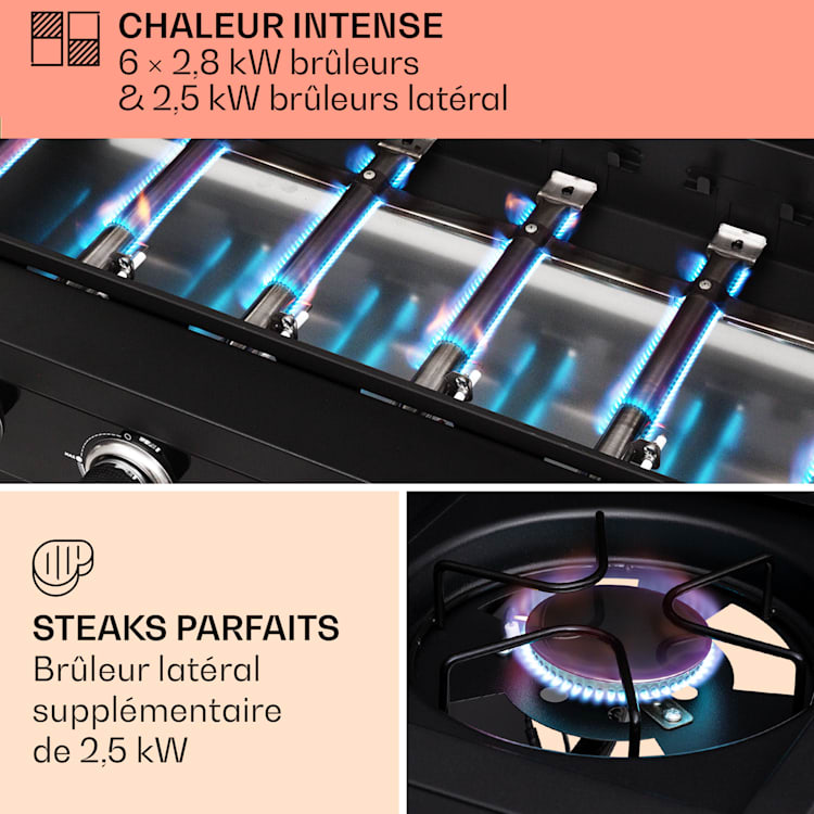 Barbecue à gaz Valdosta 6.1 6+1 brûleurs 19,3 kW de puissance totale 6 brûleurs principaux + 1 brûleur auxiliaire