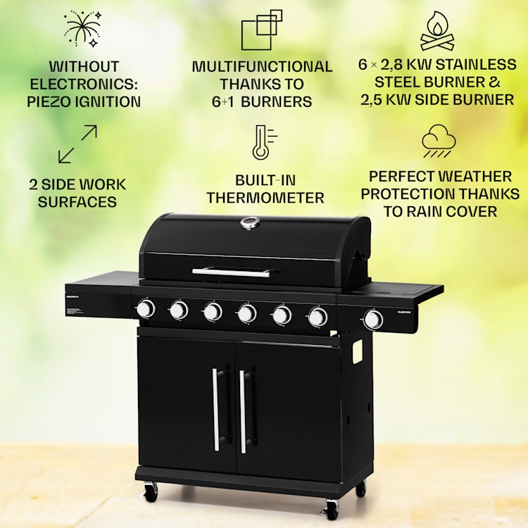 Valdosta 6.1, gázgrill, 6+1 égő, összteljesítmény 19,3 kW 6 fő égő + 1 oldalsó égő