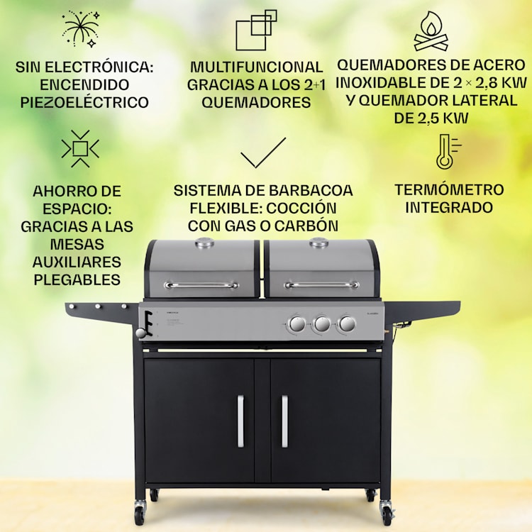 Kingsville Combi Grill Gas + Carbón 8,1 kW 2+1 Quemadores Ajustable en Altura 2 quemadores principales + 1 quemador lateral