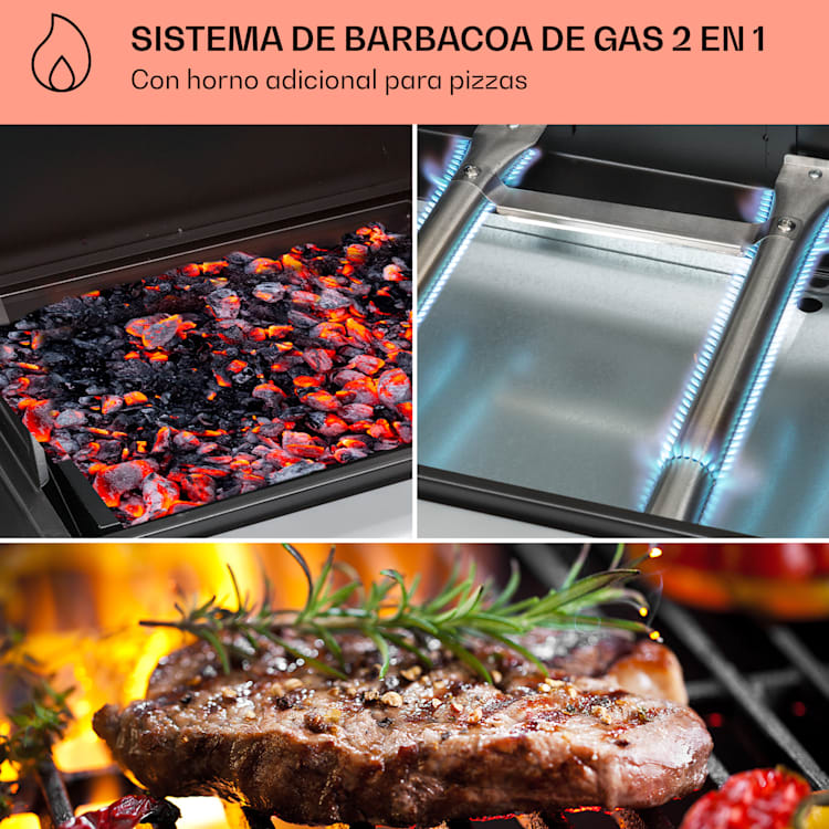 Kingsville Combi Grill Gas + Carbón 8,1 kW 2+1 Quemadores Ajustable en Altura 2 quemadores principales + 1 quemador lateral