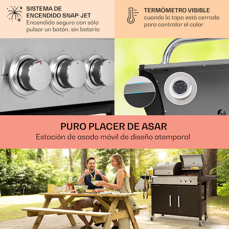Kingsville Combi Grill Gas + Carbón 8,1 kW 2+1 Quemadores Ajustable en Altura 2 quemadores principales + 1 quemador lateral