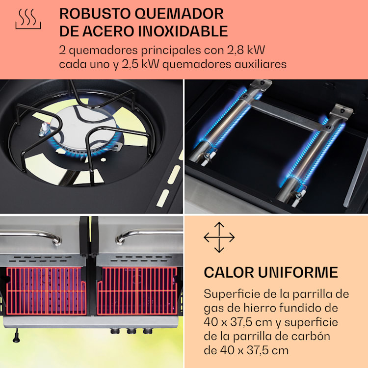 Kingsville Combi Grill Gas + Carbón 8,1 kW 2+1 Quemadores Ajustable en Altura 2 quemadores principales + 1 quemador lateral