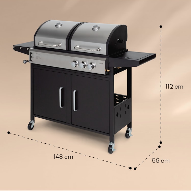 Kingsville Combi Grill Gas + Carbón 8,1 kW 2+1 Quemadores Ajustable en Altura 2 quemadores principales + 1 quemador lateral