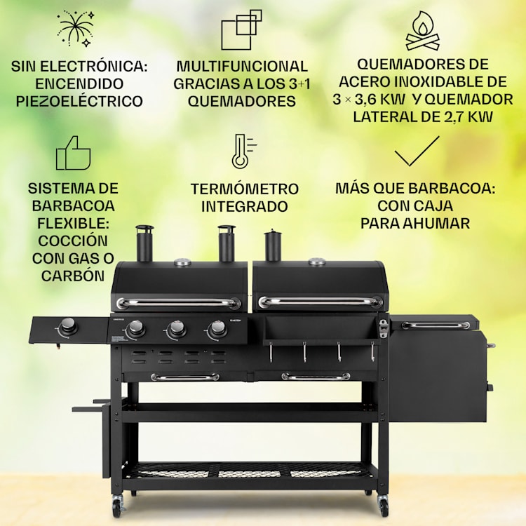 Ahumador Kingsville Combi Grill Gas Carbón Ahumador 13,5 kW 3+1 Quemadores Negro 3 quemadores principales + 1 quemador lateral