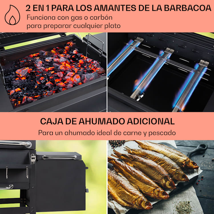Ahumador Kingsville Combi Grill Gas Carbón Ahumador 13,5 kW 3+1 Quemadores Negro 3 quemadores principales + 1 quemador lateral