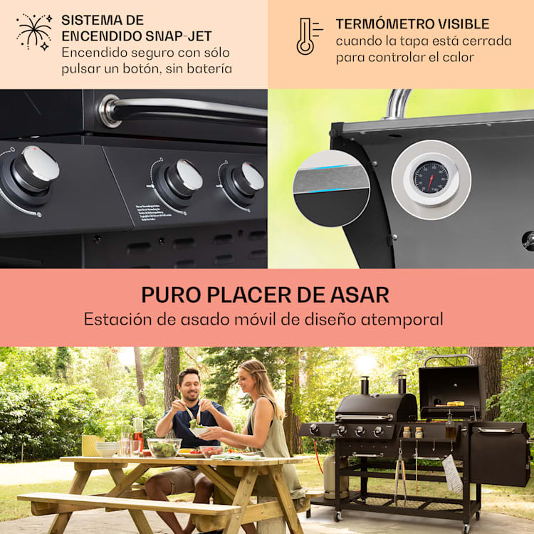 Ahumador Kingsville Combi Grill Gas Carbón Ahumador 13,5 kW 3+1 Quemadores Negro 3 quemadores principales + 1 quemador lateral
