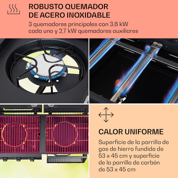 Ahumador Kingsville Combi Grill Gas Carbón Ahumador 13,5 kW 3+1 Quemadores Negro 3 quemadores principales + 1 quemador lateral