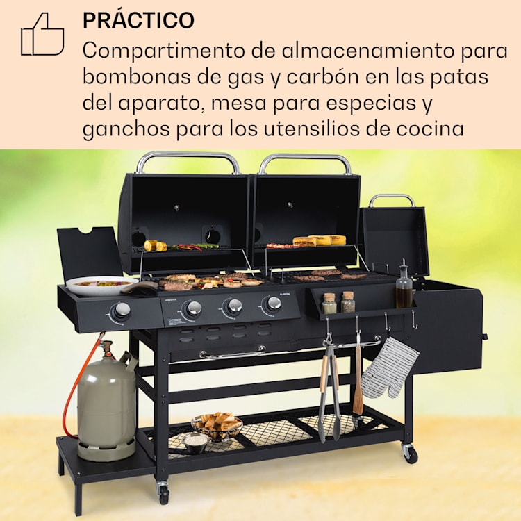 Ahumador Kingsville Combi Grill Gas Carbón Ahumador 13,5 kW 3+1 Quemadores Negro 3 quemadores principales + 1 quemador lateral
