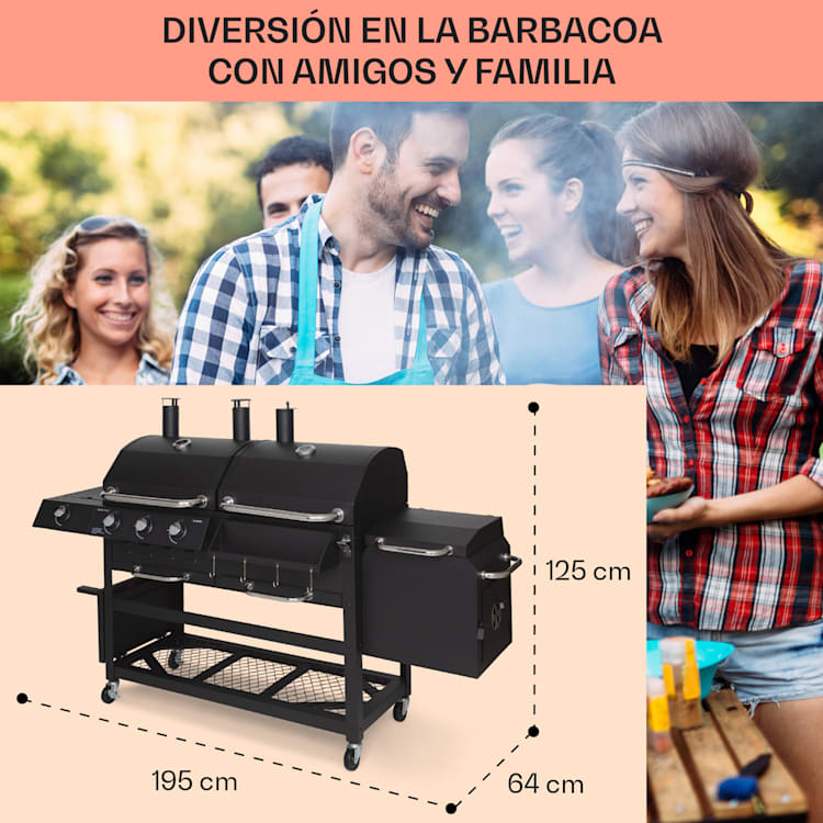 Ahumador Kingsville Combi Grill Gas Carbón Ahumador 13,5 kW 3+1 Quemadores Negro 3 quemadores principales + 1 quemador lateral