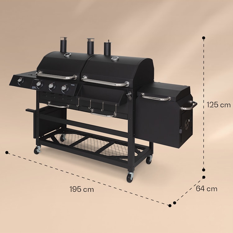 Kingsville Пушач, комбиниран грил, газ, въглища, пушач на въглища, 13,5 kW, 3+1 горелки, черен 3 основни горелки + 1 спомагателна горелка + 1 пушач