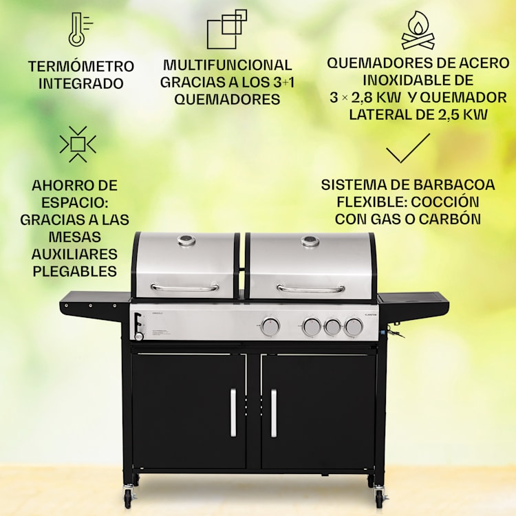 Kingsville 3.1 Combi Grill Gas + Carbón 10.9 kW 3+1 Quemadores Ajustable en Altura 3 quemadores principales + 1 quemador lateral