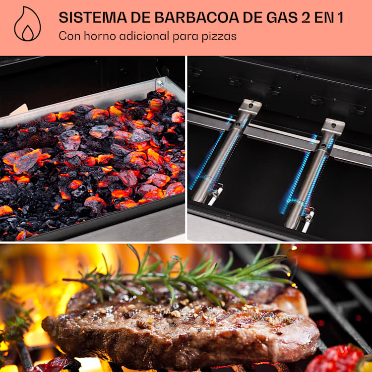 Kingsville 3.1 Combi Grill Gas + Carbón 10.9 kW 3+1 Quemadores Ajustable en Altura 3 quemadores principales + 1 quemador lateral