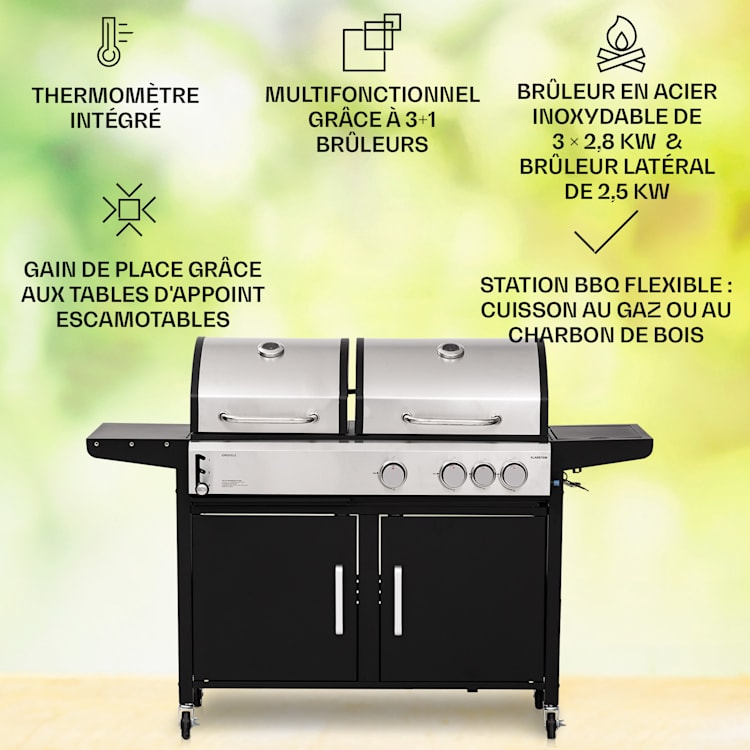 Kingsville 3.1 barbecue combiné gaz + charbon 10,9 kW 3+1 brûleurs réglable en hauteur 3 brûleurs principaux + 1 brûleur auxiliaire