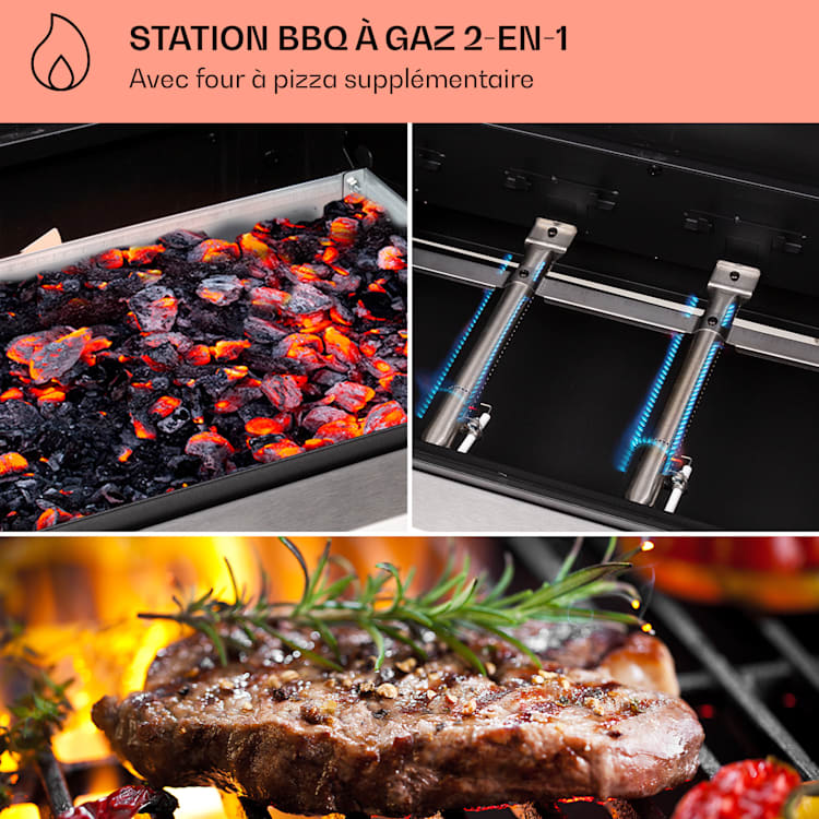 Kingsville 3.1 barbecue combiné gaz + charbon 10,9 kW 3+1 brûleurs réglable en hauteur 3 brûleurs principaux + 1 brûleur auxiliaire