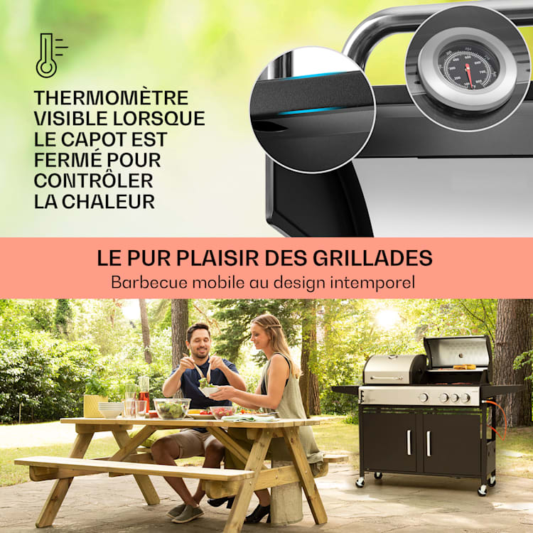 Kingsville 3.1 barbecue combiné gaz + charbon 10,9 kW 3+1 brûleurs réglable en hauteur 3 brûleurs principaux + 1 brûleur auxiliaire