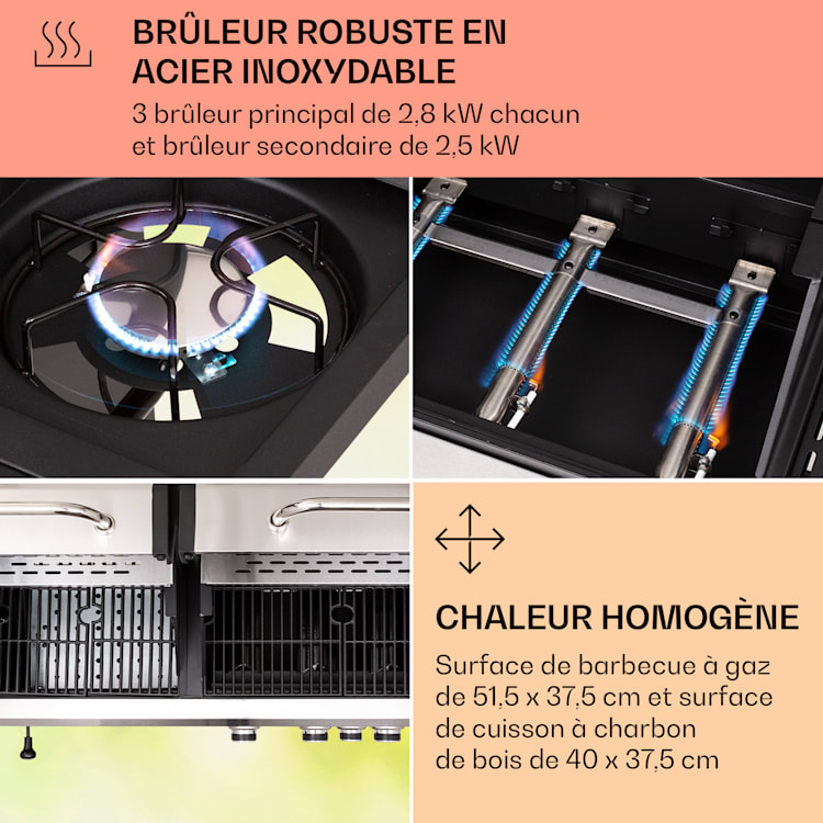 Kingsville 3.1 barbecue combiné gaz + charbon 10,9 kW 3+1 brûleurs réglable en hauteur 3 brûleurs principaux + 1 brûleur auxiliaire