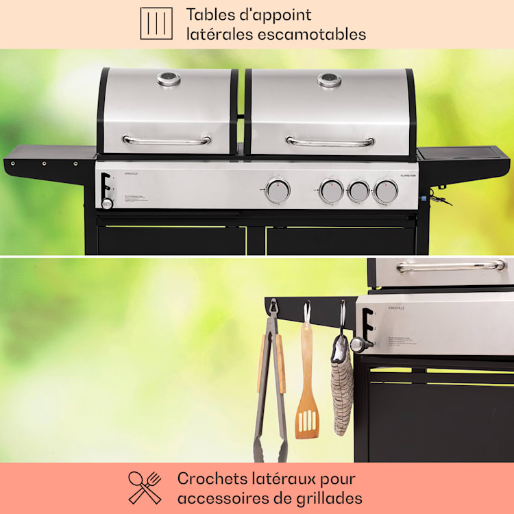 Kingsville 3.1 barbecue combiné gaz + charbon 10,9 kW 3+1 brûleurs réglable en hauteur 3 brûleurs principaux + 1 brûleur auxiliaire