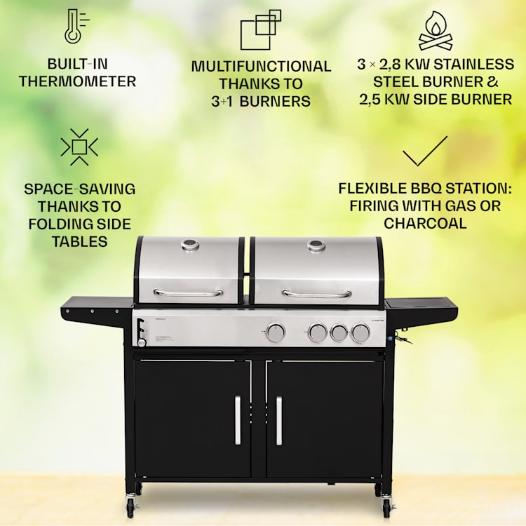 Kingsville 3.1, gáz + faszén kombinált grill, 10,9 kW, 3+1 égő, állítható magasság 3 fő égő + 1 oldalsó égő