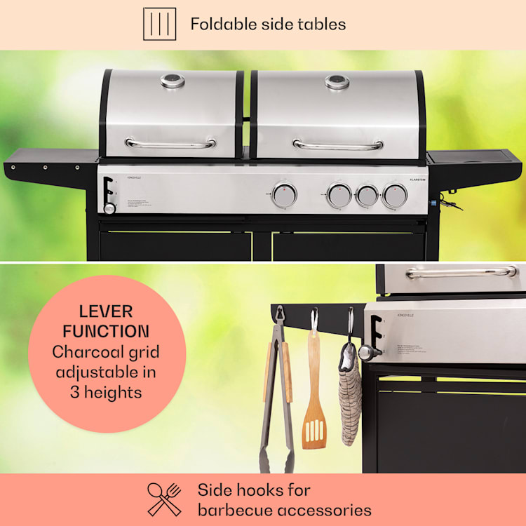 Kingsville 3.1, gáz + faszén kombinált grill, 10,9 kW, 3+1 égő, állítható magasság 3 fő égő + 1 oldalsó égő