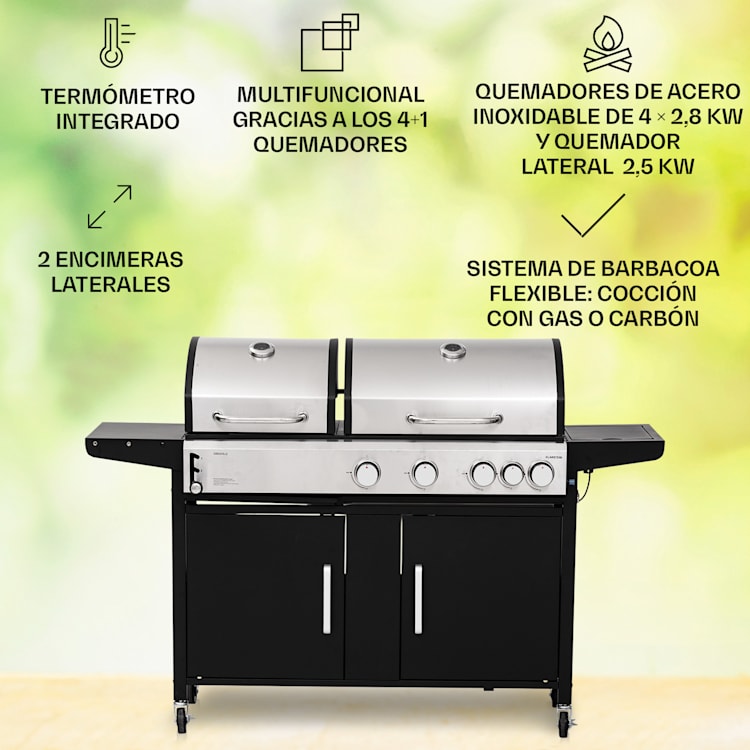 Kingsville 4.1 Combi Grill Gas + Carbón 13,7 kW 4+1 Quemadores Ajustable en Altura 4 quemadores principales + 1 quemador lateral