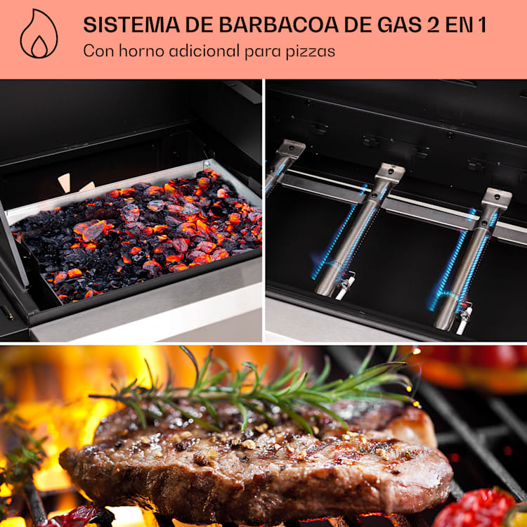 Kingsville 4.1 Combi Grill Gas + Carbón 13,7 kW 4+1 Quemadores Ajustable en Altura 4 quemadores principales + 1 quemador lateral
