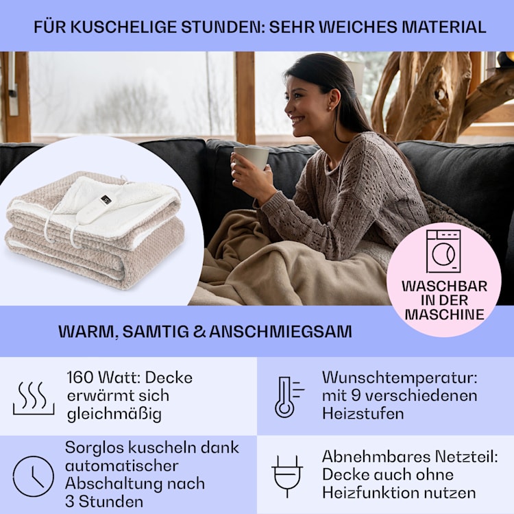 Dr. Watson Deluxe XL Heizdecke 160 W 9 Temperaturstufen 180 x 130 cm XL | Sand