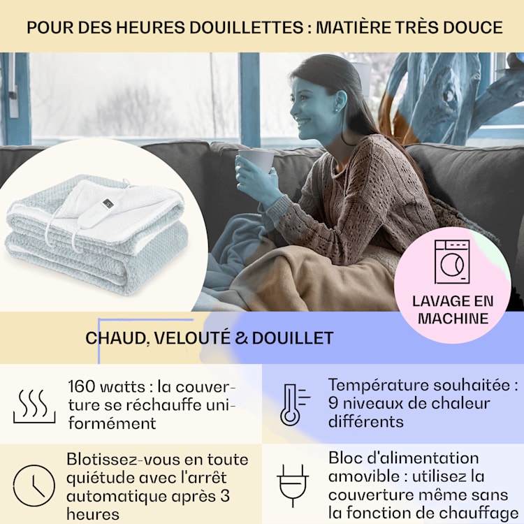 Dr. Watson Deluxe XL Couverture chauffante 160 W 9 niveaux de température 180 x 130 cm XL | Sable