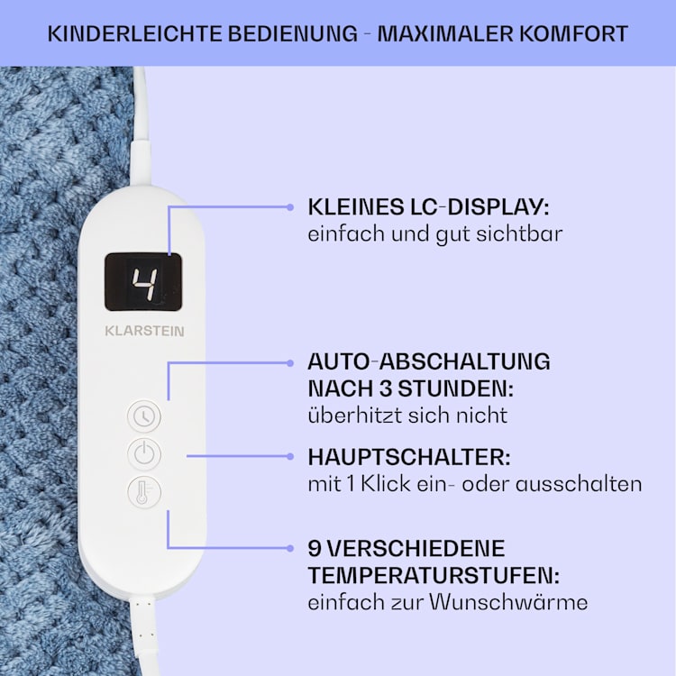 Dr. Watson Deluxe XXL Heizdecke 160 W 9 Temperaturstufen 200 x 180 cm XXL | Blau