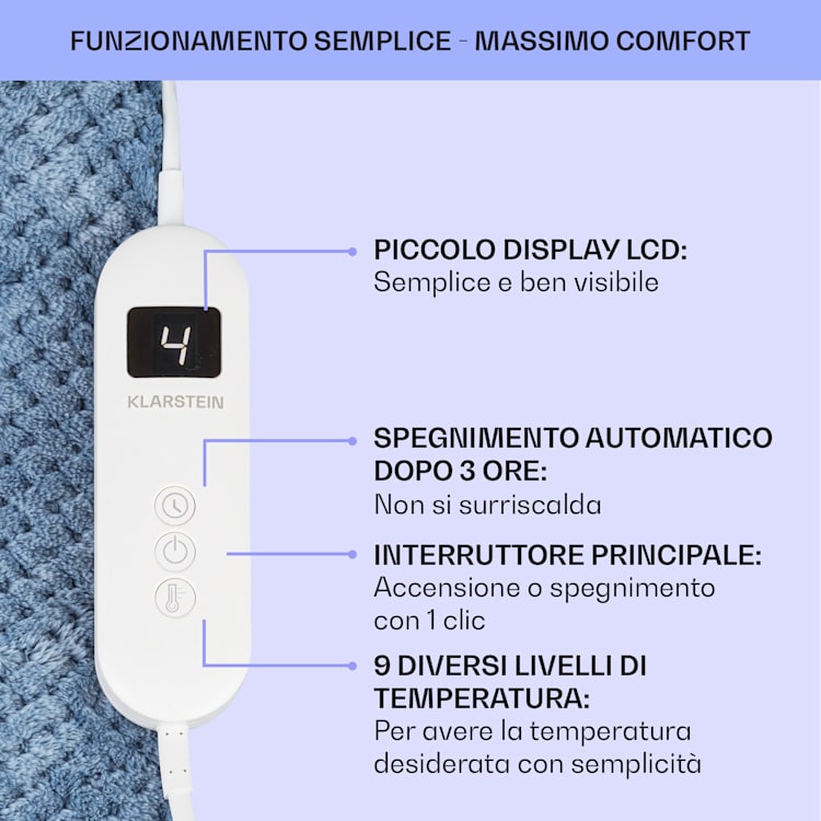 Dr. Watson Deluxe XXL - Coperta elettrica, 160 W, 9 livelli di temperatura, elemento di controllo, 200 x 180 cm XXL | Blu