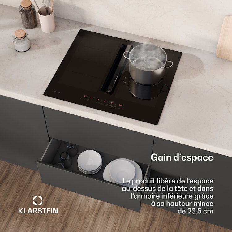 Chef-Fusion Down Air System inductiekookplaat + afzuigkap 60 cm 600 m³/h luchtafvoer EEC A