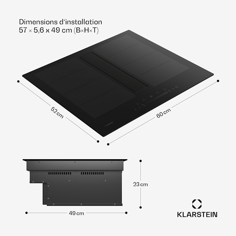 Chef-Fusion Down Air System inductiekookplaat + afzuigkap 60 cm 600 m³/h luchtafvoer EEC A