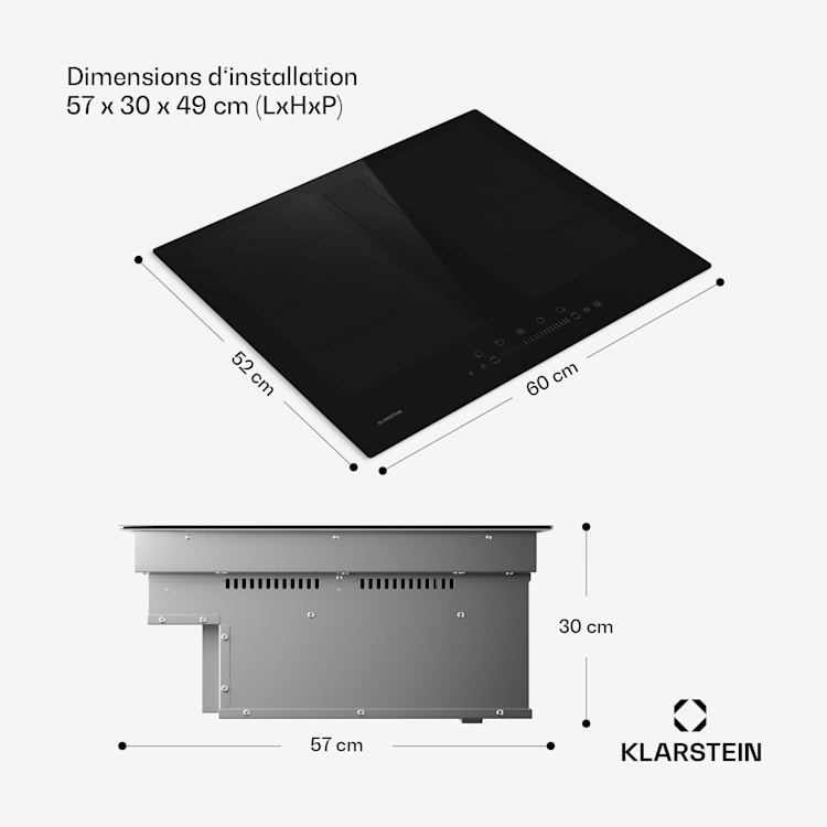 Chef-Fusion Down Air System inductiekookplaat + afzuigkap 60 cm 600 m³/h luchtafvoer EEC A