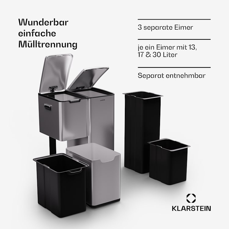Tiyo 3-in-1 Mülleimer 60 L entnehmbare Eimer Soft-Close 60 Ltr | Edelstahl