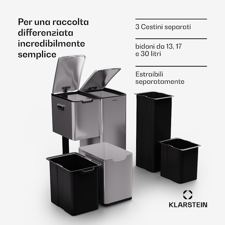 Tiyo 3-in-1 - Cestino dei rifiuti, 60 L, contenitori estraibili, Soft-Close 60 Ltr | Acciaio inox