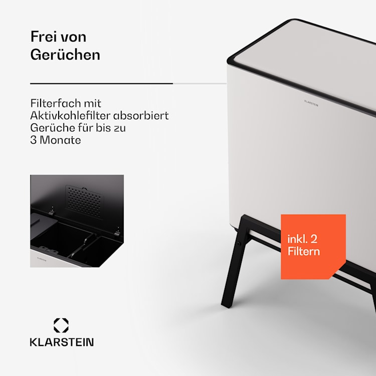 Yuma Mülleimer 40 L inkl. Komposteimer mit Standbeinen Geruchsfilter 40 Ltr | Weiß